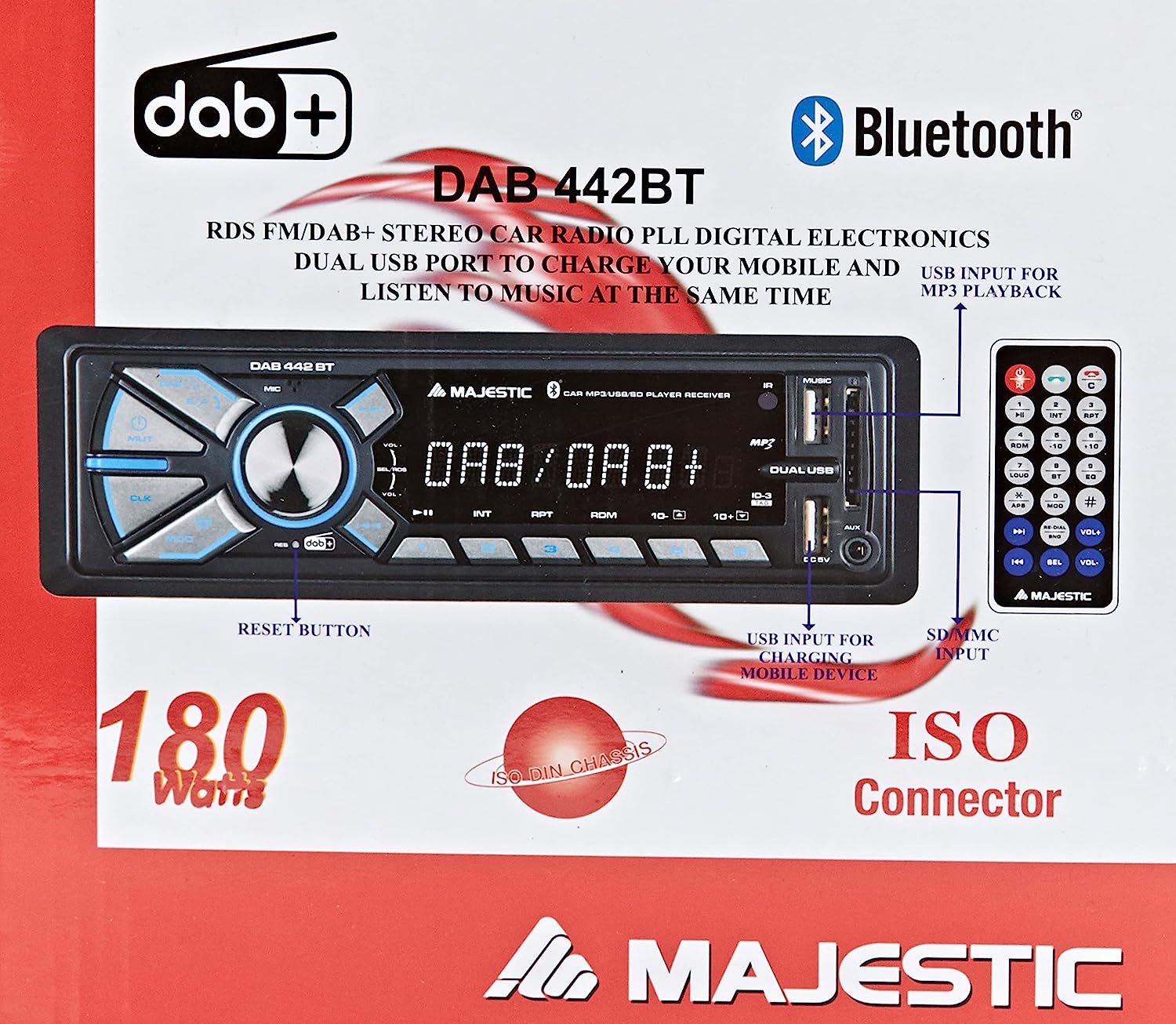 Majestic DAB442BK Sinto Car 45wx4 Bt Dab+ Dvd/mp3 Usb V.voce Ill.blu