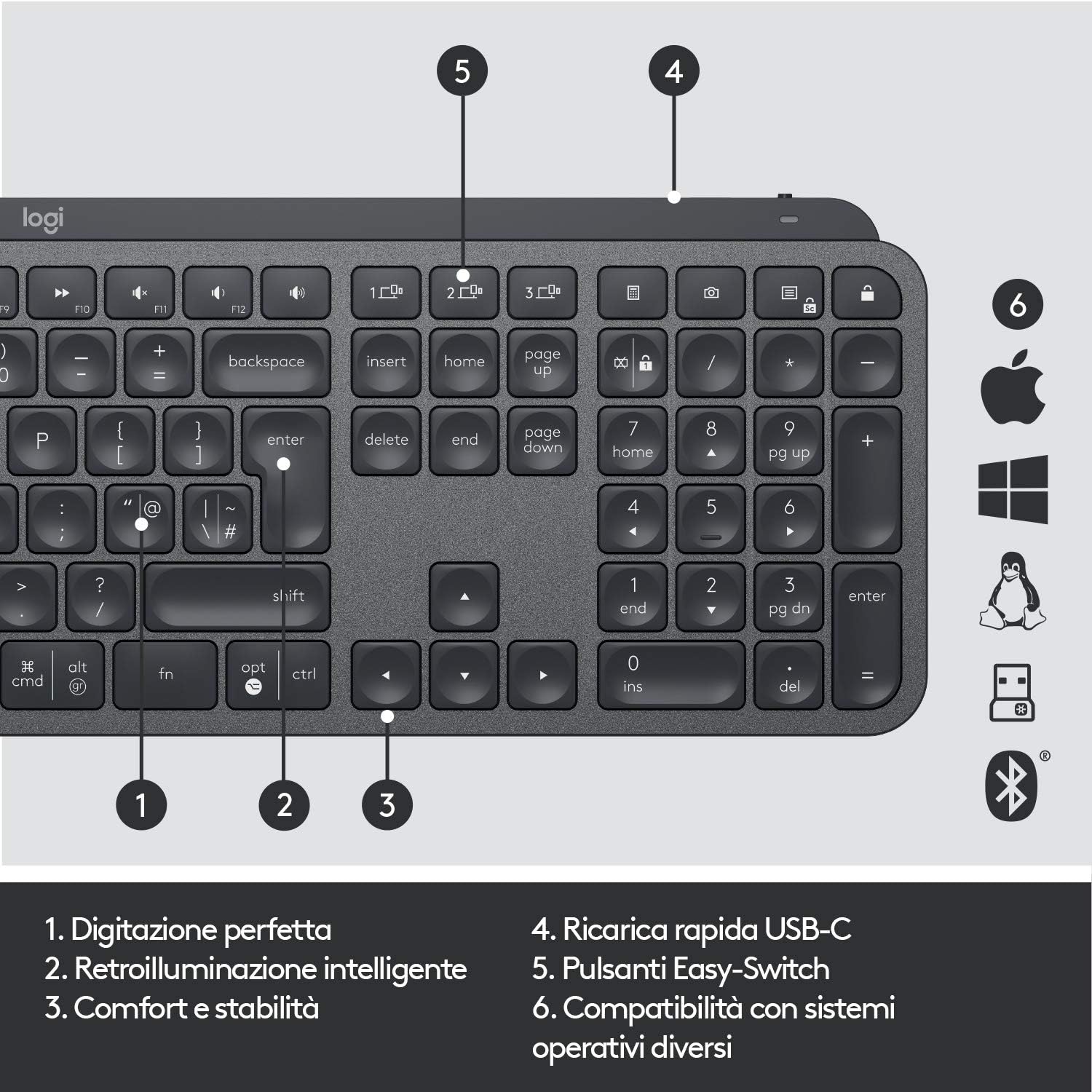 Logitech 920009409 Tastiera Mx Keys Wlss Nero