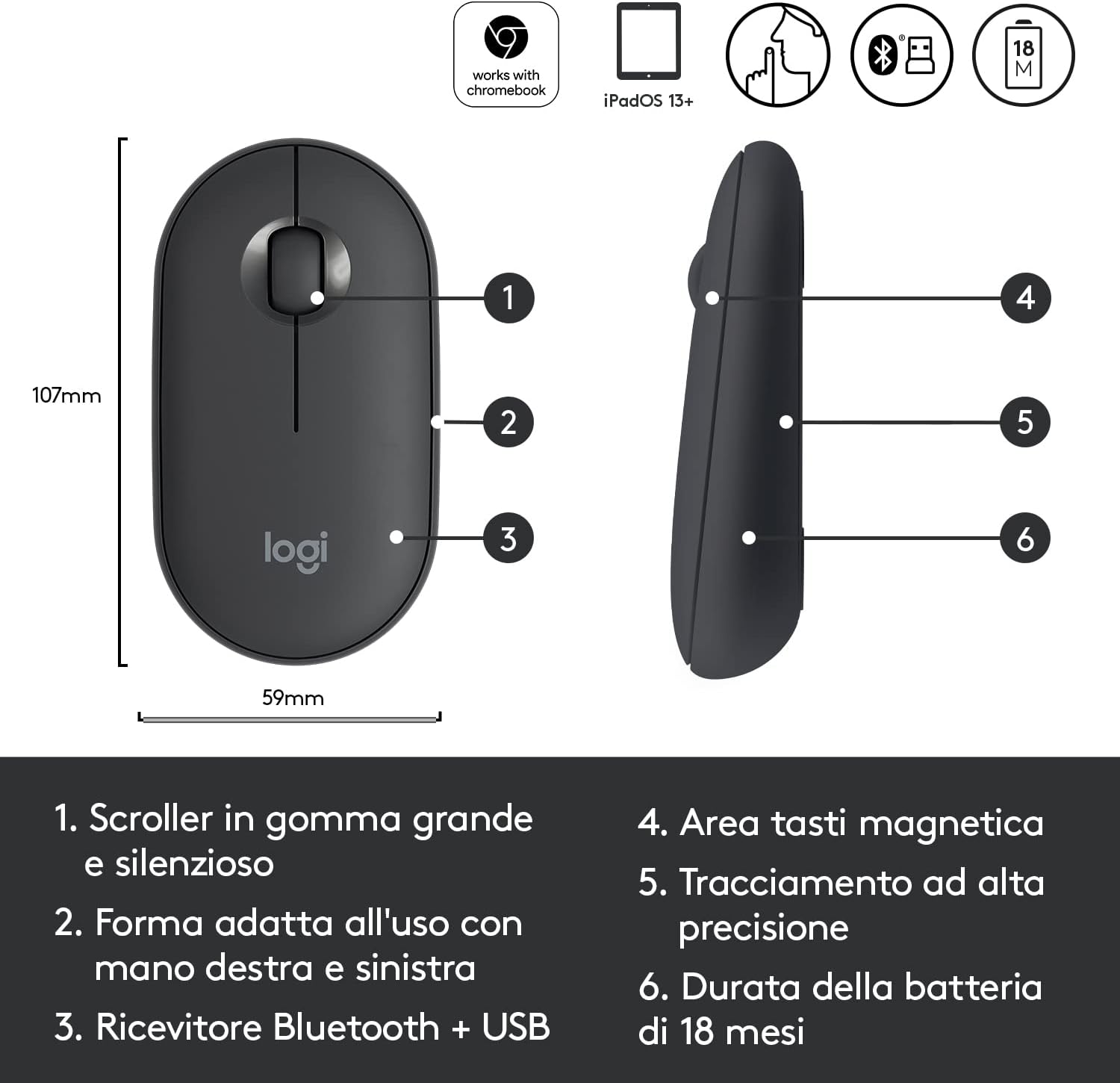 Logitech 910005718 Mouse Wireless Bt 3tasti Pebble M350 Grafite