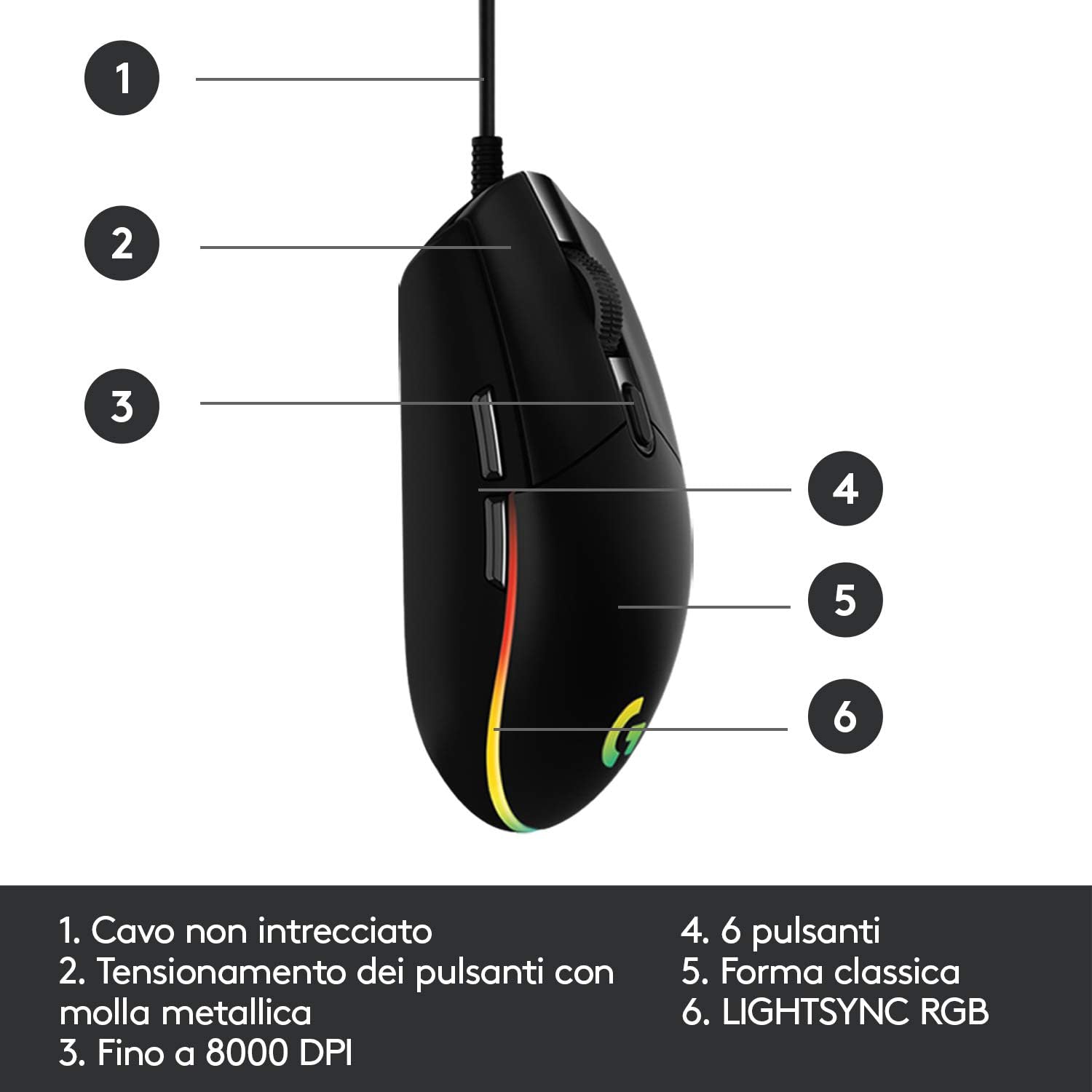 Logitech 910005796 Mouse Gaming 6tasti G203 Lightsync Nero