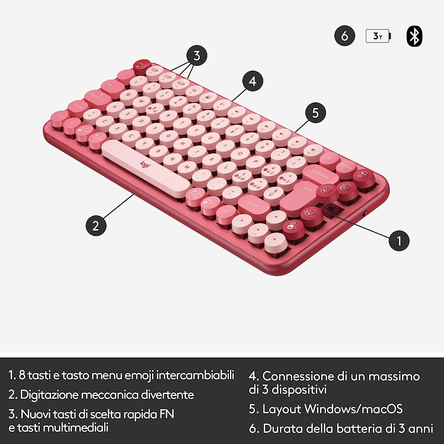 Logitech 920010727 Tastiera Pop Keys Meccanica Wlss Bt Rose