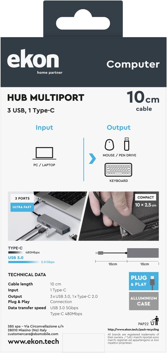 Ekon ECITHUBTC34USBIN Hub Type-c M A 3usb F/1type-c F Alluminio